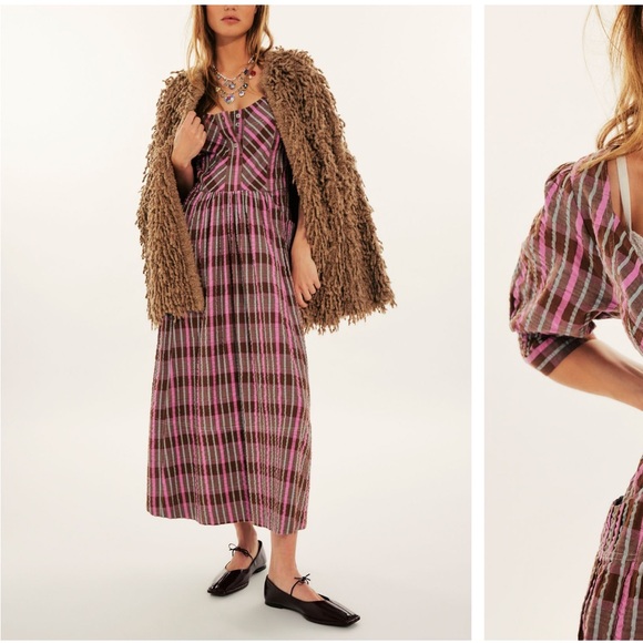 NEW Free People Tulie Plaid Midi Button Front Puff Sleeve Dress Pink Brown Combo - Picture 3 of 10